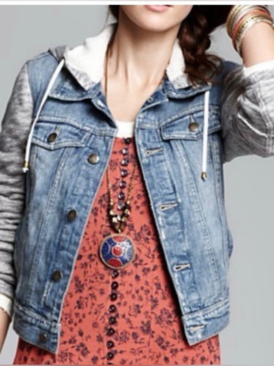 Free People Jackets & Blazers - Free People Distressed Denim Jacket Knit Hood & Sleeves Dark Blue Wash